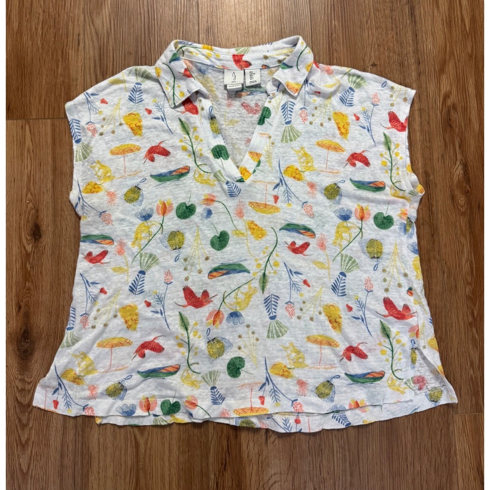 Joie Women Large White 100% Linen Tropical Bird Boat Print V-Neck Sleeveless Top